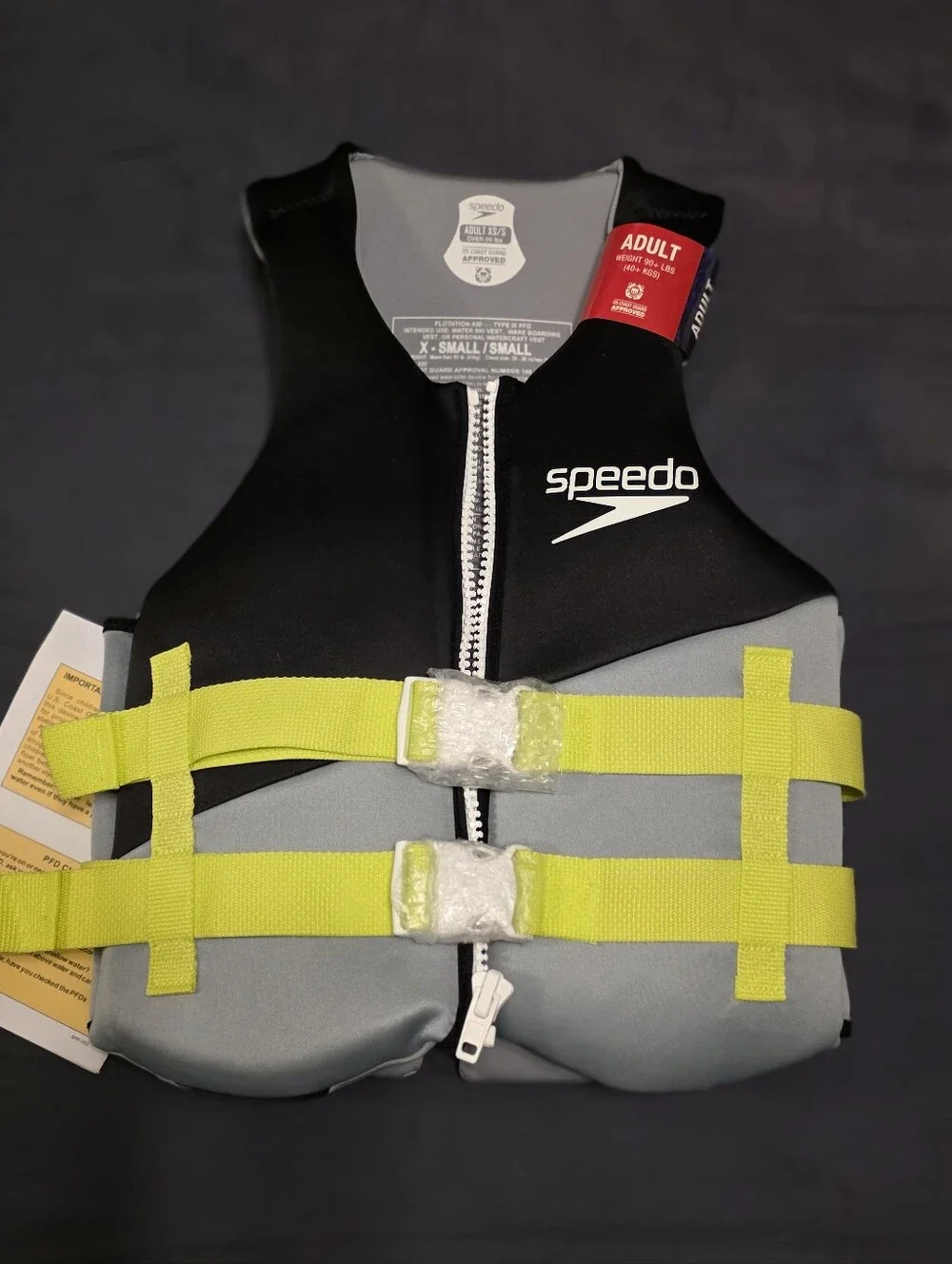 Speedo Black & Gray Swim Vest with Yellow Straps Adult XS/S (Over 90 Lbs)